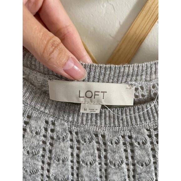 Loft Sweater Women's Medium Pointelle York Gray Wool Blend Crew Neck Pullover - Picture 4 of 6